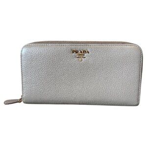 Authentic Prada Taupe Pebbled Leather Zip Around Wallet